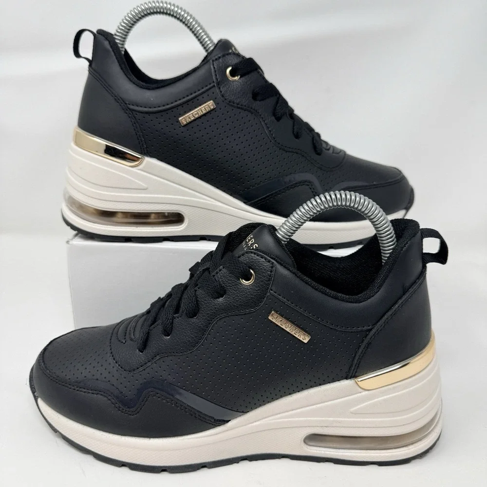 Skechers Million Air Hotter Air Womens 6.5 Black Gold Wedge Sneakers 155399